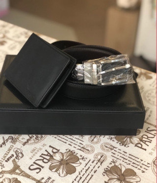 Мъжки комплект портфейл и колан от естествена кожа 110 см. SILVER FLAME