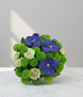 Букет от орхидеи, зелена хризантема и екзотични карамфили