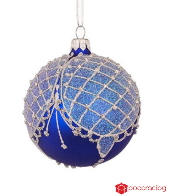 Коледна синя топка със сребърна декорация