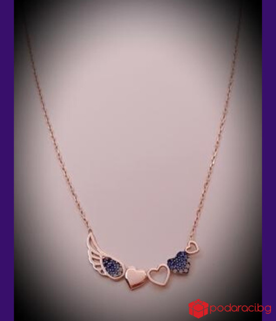 Сребърно колие с позлатяване от розово злато Сърца с крила