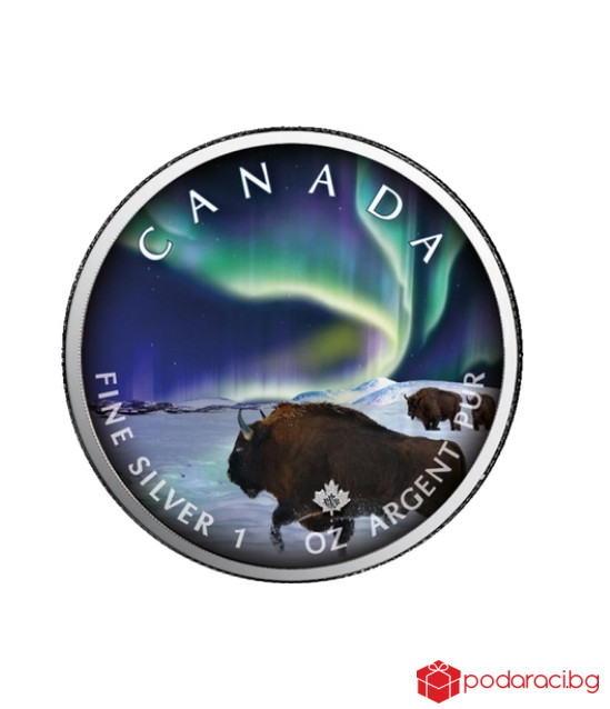 Сребърна монета Кленов лист, Бик и северно сияние, 1 Oz