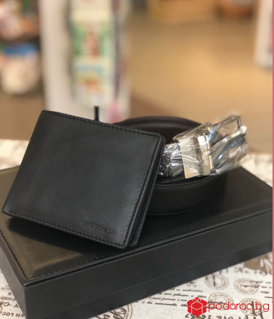 Мъжки комплект портфейл и колан от естествена кожа 115 см. SILVER FLAME