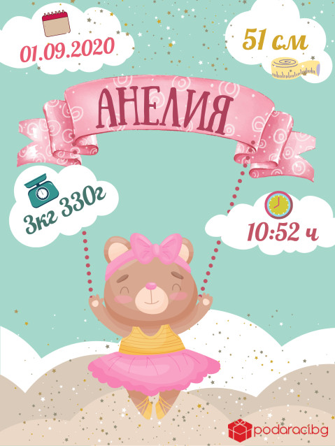 Бебешка визитка за момиче Мече