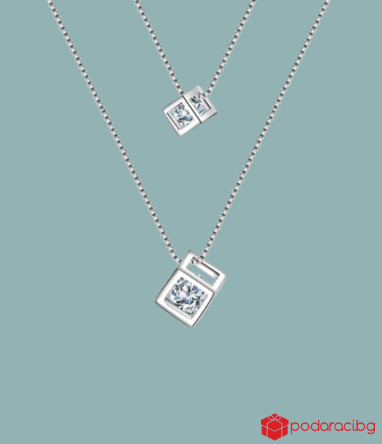 Сребърно колие Кубче с кристал