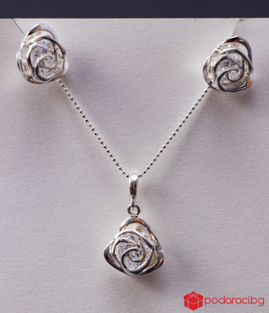 Silver set rose with earrings and necklace
