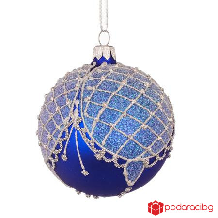 Коледна синя топка със сребърна декорация