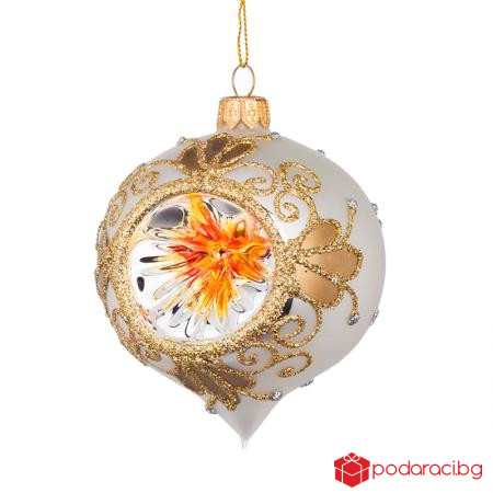 Стъклена бяла топка със златно цвете