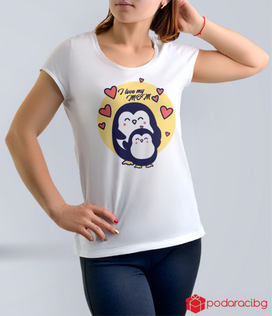 Бяла тениска за майка с пингвинчета
