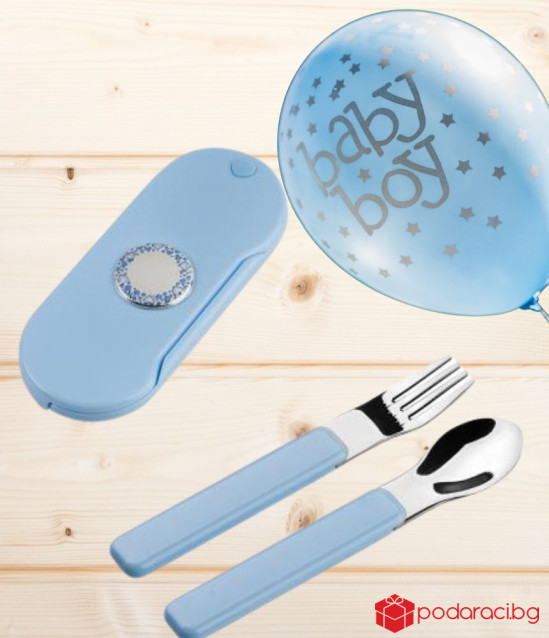 Бебешки комплект за хранене със сърце - син