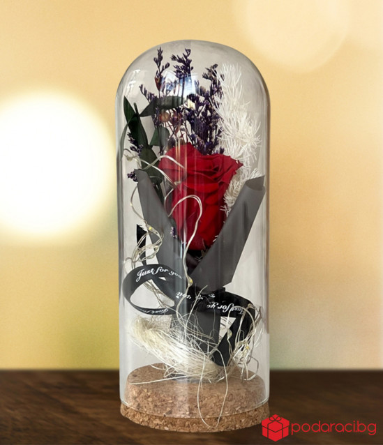Букетче с вечна роза и лампички в стъкленица