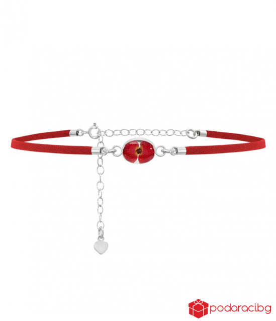 Чокър с червена кожена каишка и висулка овал с мак