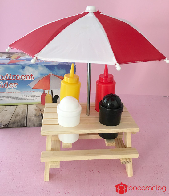 Забавна поставка за сол, пипер, кетчуп и майонеза с чадърче