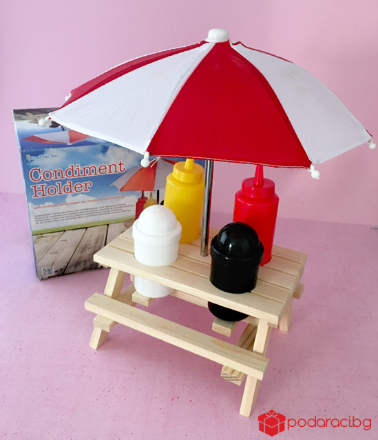 Забавна поставка за сол, пипер, кетчуп и майонеза с чадърче