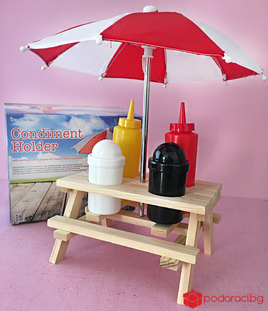 Забавна поставка за сол, пипер, кетчуп и майонеза с чадърче