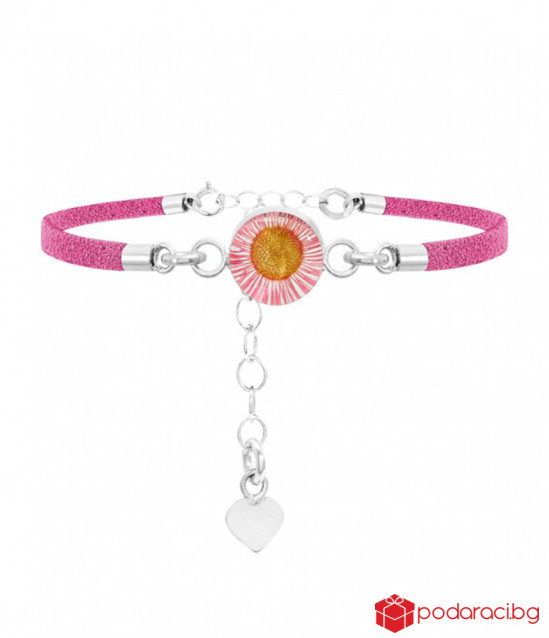 Гривна от сребро и кожа с розова маргарита