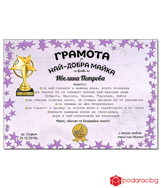 Грамота за най-добра майка с подарък рамка