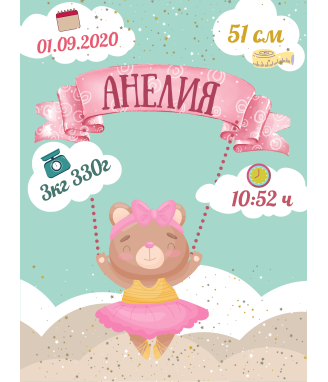 Бебешка визитка за момиче Мече