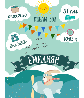 Бебешка визитка за момче в рамка Dream Big