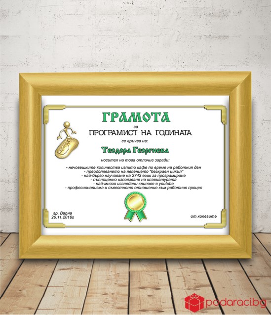 Грамота за програмист с подарък рамка
